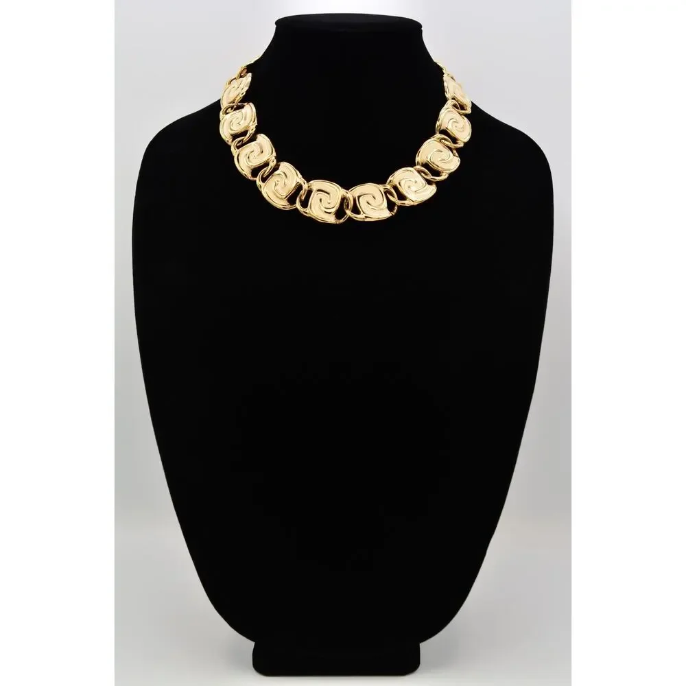 Vintage Cream Enamel Swirl Statement Necklace Collar Gold Chunky Heavy 80s BinY